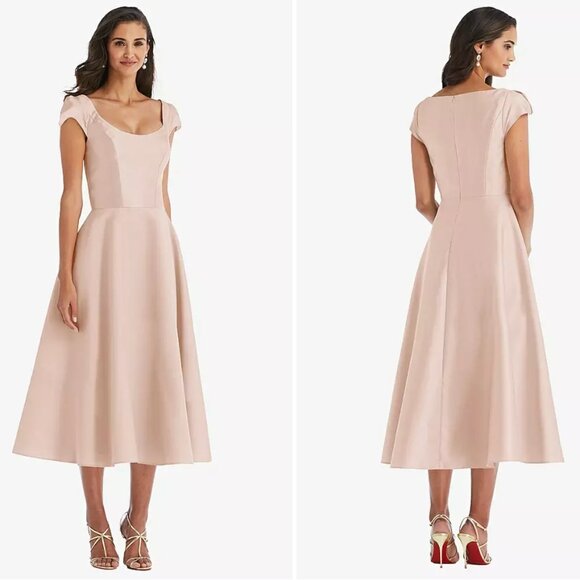 ALFRED SUNG Dresses & Skirts - Size 14 - ALFRED SUNG Puff Cap Sleeve Full Skirt Satin Midi Dress NEW $206 msrp